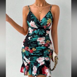 Shein black & teal tropical floral print dress size medium